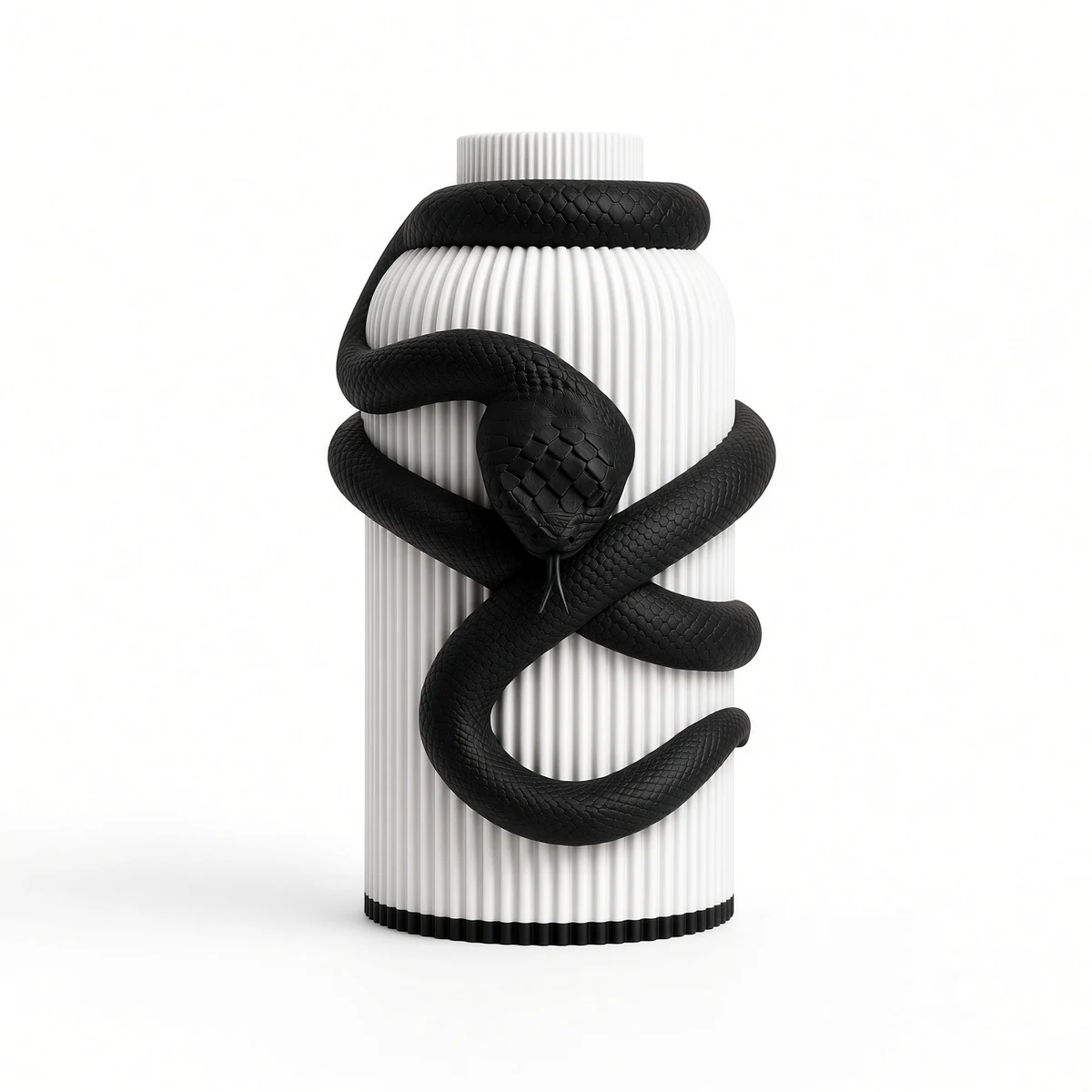 Vaso Serpente — Black and White Collection, vista frontale Vaso Serpente bianco e nero della Black and White Collection, vista frontale su fondo bianco.