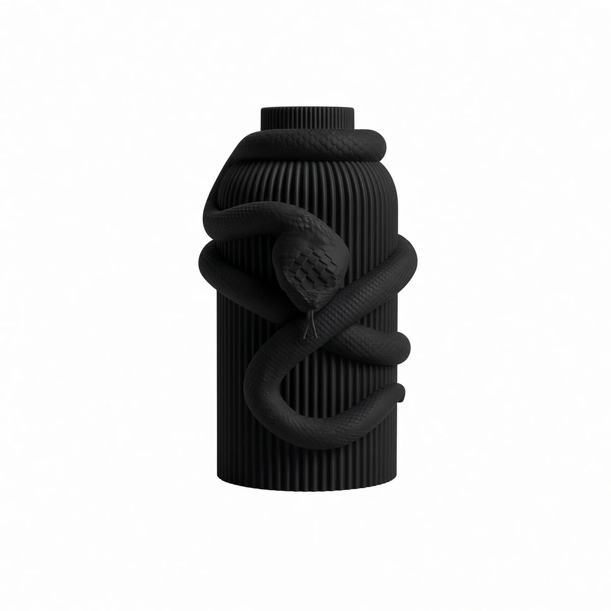 Vaso Serpente Avvolgente — Black Collection, vista frontale Vaso Serpente Avvolgente nero della Black Collection, vista frontale su fondo bianco.