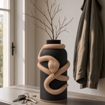 Vaso Serpente Black Creme, corpo nero con decorazione e bordo alla base color crema, ambientato con rami secchi.