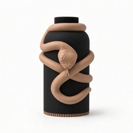 Vaso Serpente Black Creme con corpo nero a righe verticali, serpente e bordo alla base color crema, su fondo bianco.