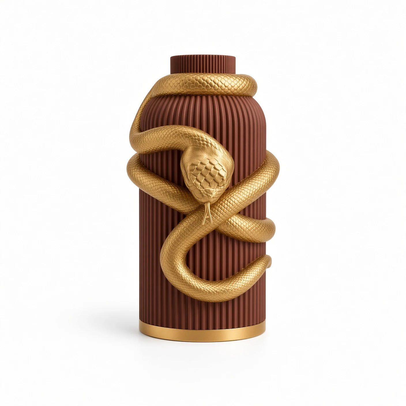 Vaso Serpente Avvolgente Brown and Gold — frontale Vaso Serpente Avvolgente marrone con decorazione color oro, vista frontale su fondo bianco.