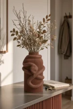 Vaso Serpente marrone della Brown Collection, ambientato con rami decorativi e foglie secche.