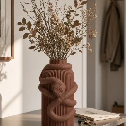 Vaso Serpente marrone della Brown Collection, ambientato con rami decorativi e foglie secche.